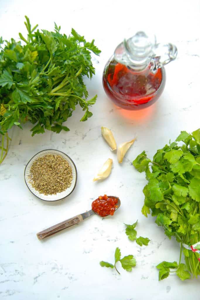 Ingredients for chimichurri sauce made with cilantro