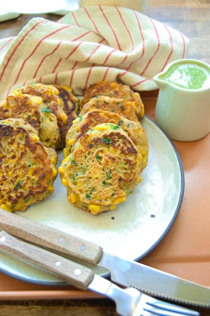 Gluten-free, vegan corn fritters made in a skillet.