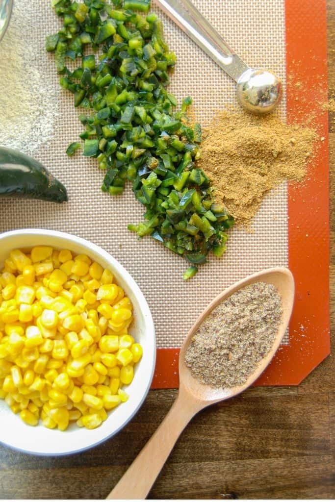 Ingredients needed to make gluten free corn fritters using chickpea flour!