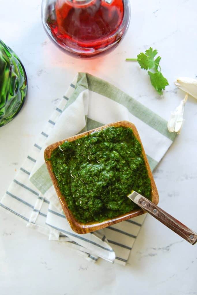 Bowl of fresh vegan cilantro chimichurri spread!