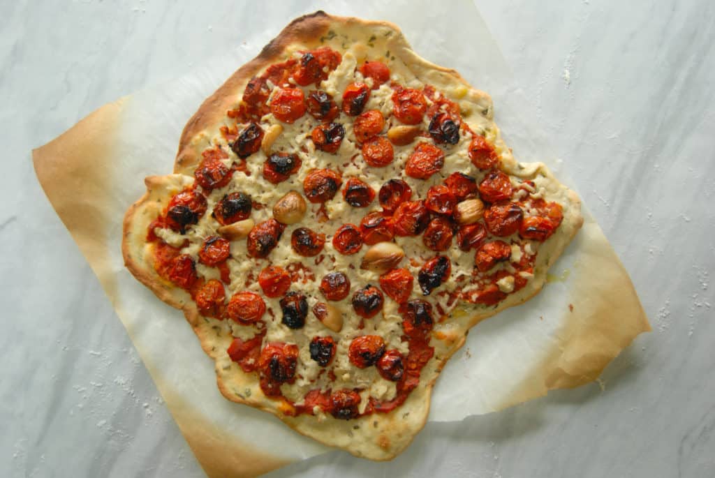 Vegan pizza made with thin crust pizza dough.