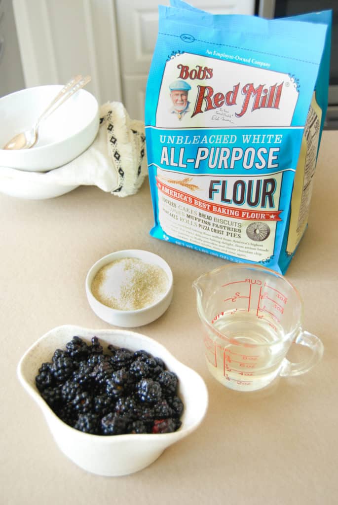 ingredients to make a vegan blackberry cobbler including bobs red mill all purpose flour