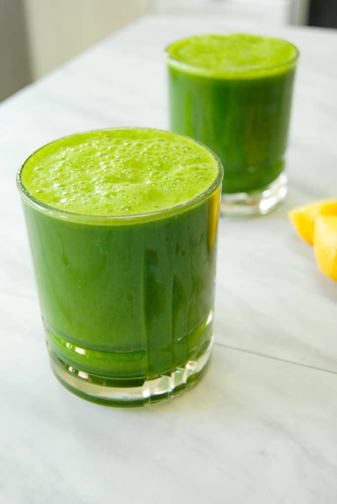 glass of cilantro juice made using willamette transplant's recipe.