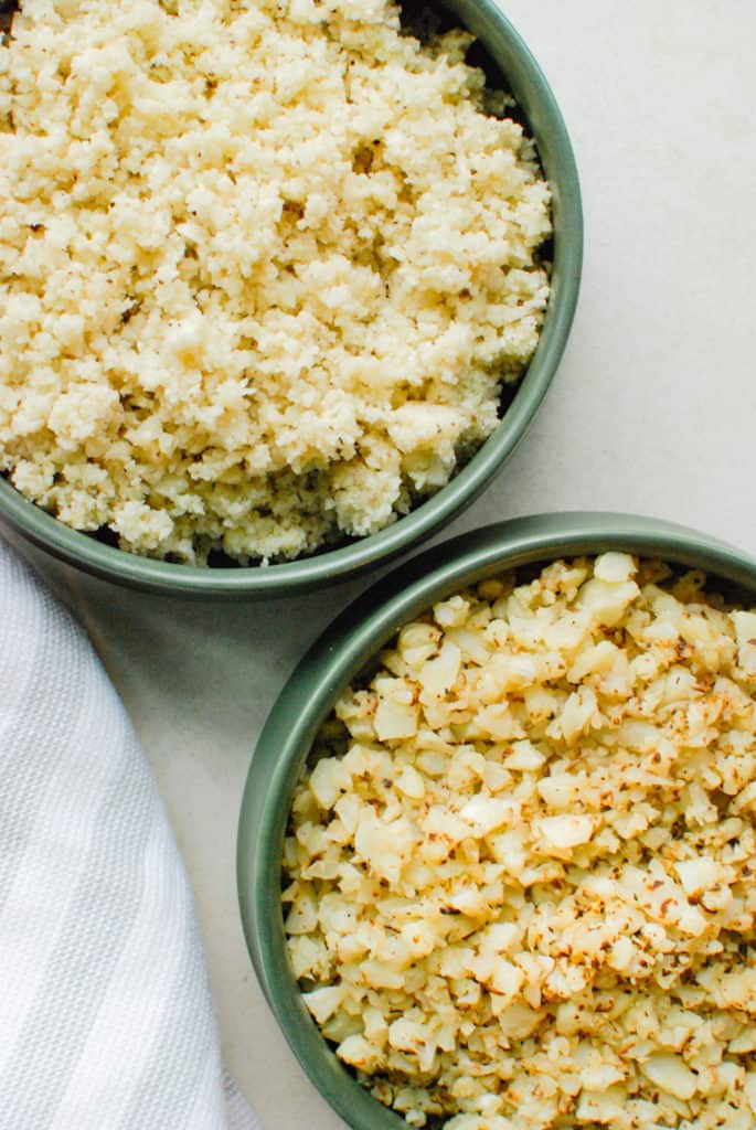 Two bowls of cauliflower rice, one made with a food processor and one without a food processor!