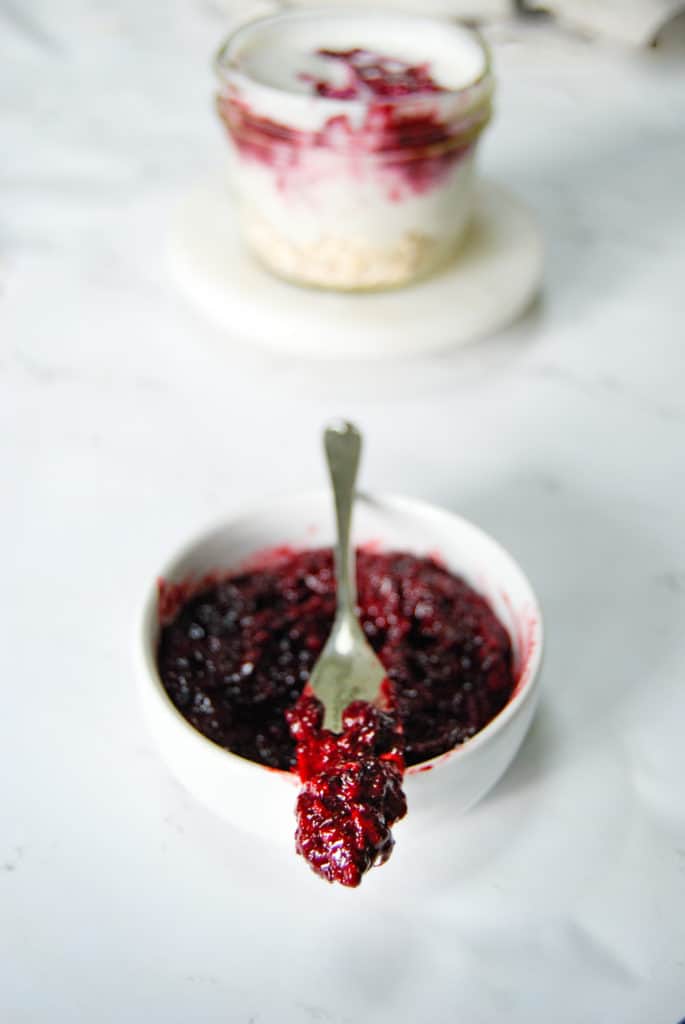 willamette transplant's sugar free blackberry jam in a bowl.