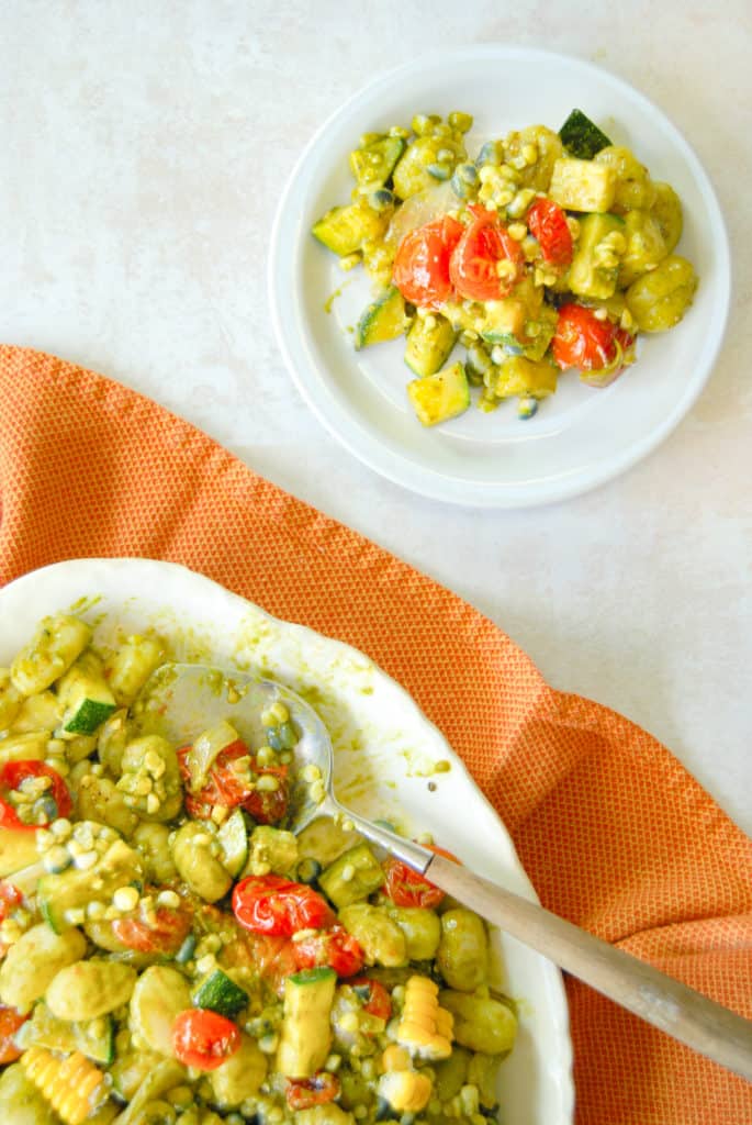 a serving of gnocchi with vegetable succotash