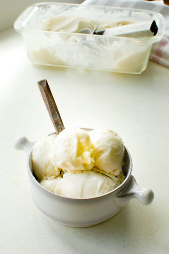 a bowl of vegan vanilla bean ice cream with a spoon.