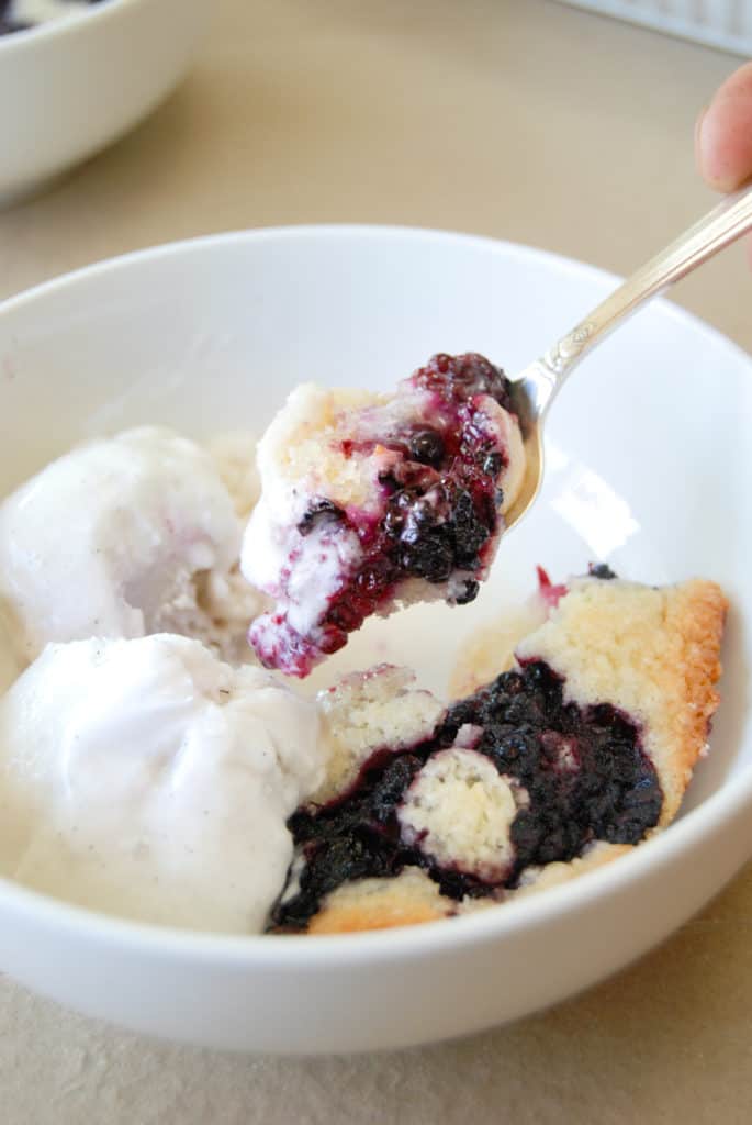 a bite of vegan blackberry cobbler and ice cream made using willamette transplant's recipe.