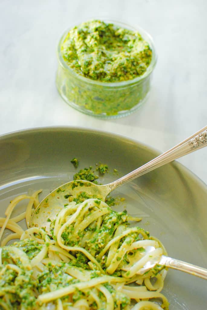 A bowl of walnut pesto pasta made using Willamette Transplant's recipe.