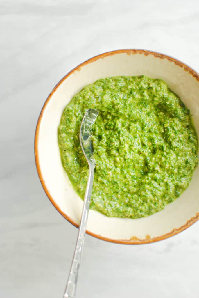 A bowl of homemade nut free pesto sauce!