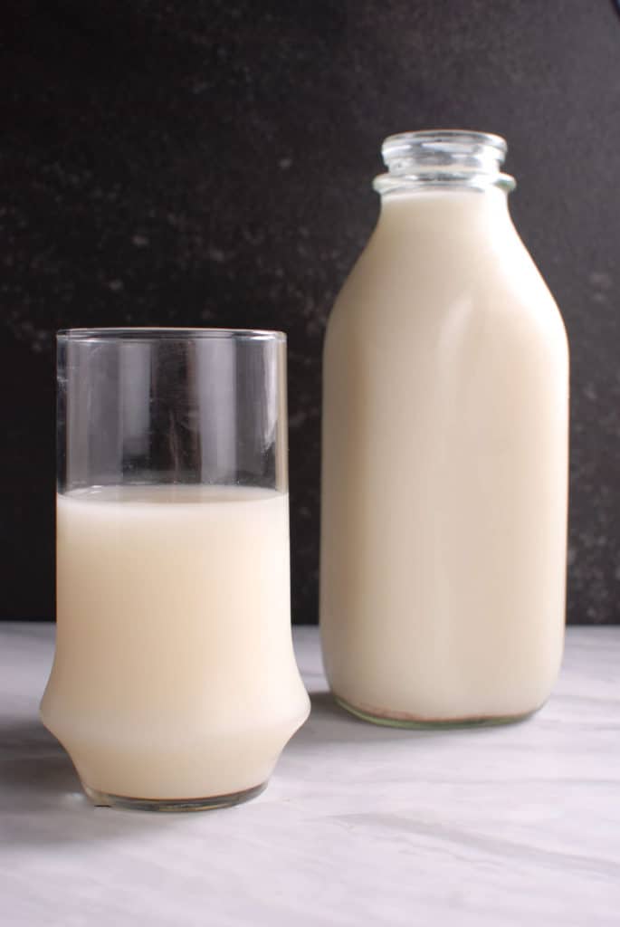 A glass of homemade flaxseed milk.