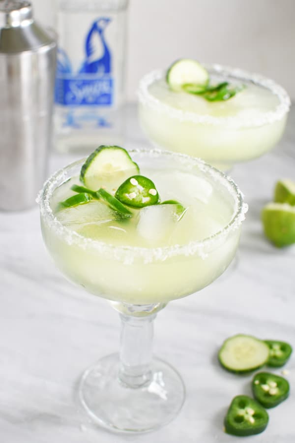 spicy jalapeno margaritas in fancy glasses