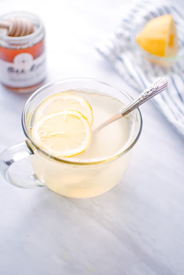 lemon tea on the counter in a clear cup