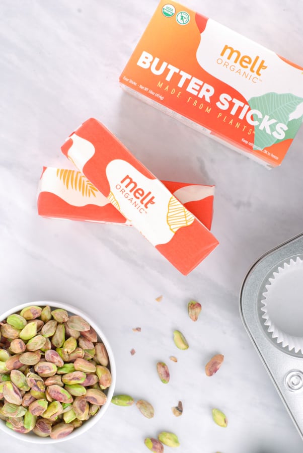 Melt butter stick and pistachios