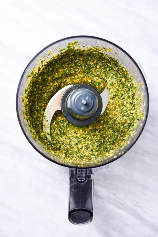 parsley pesto after pureeing in a food processor