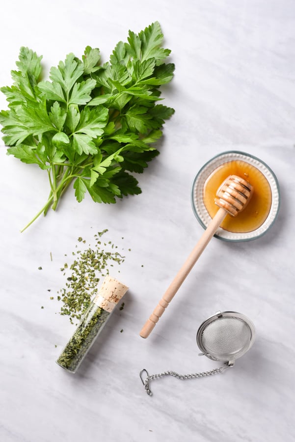 ingredients for parsley tea on the counter