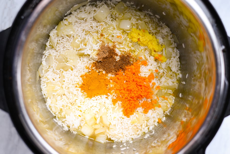 ingredients for yellow rice in an instant pot