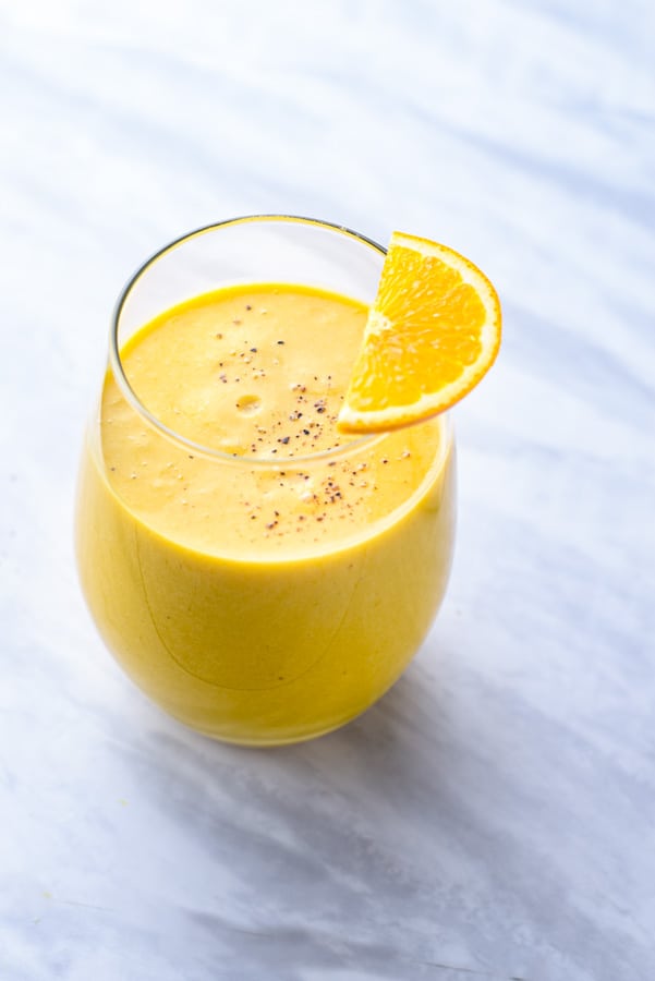 Turmeric Smoothie in a glass on the counter