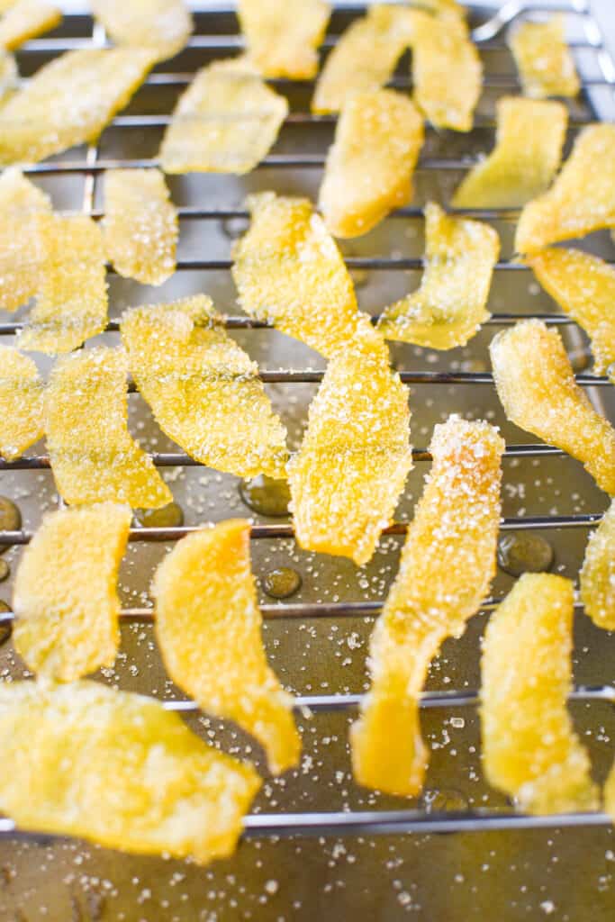 Crystallized Ginger drying on a baking sheet.