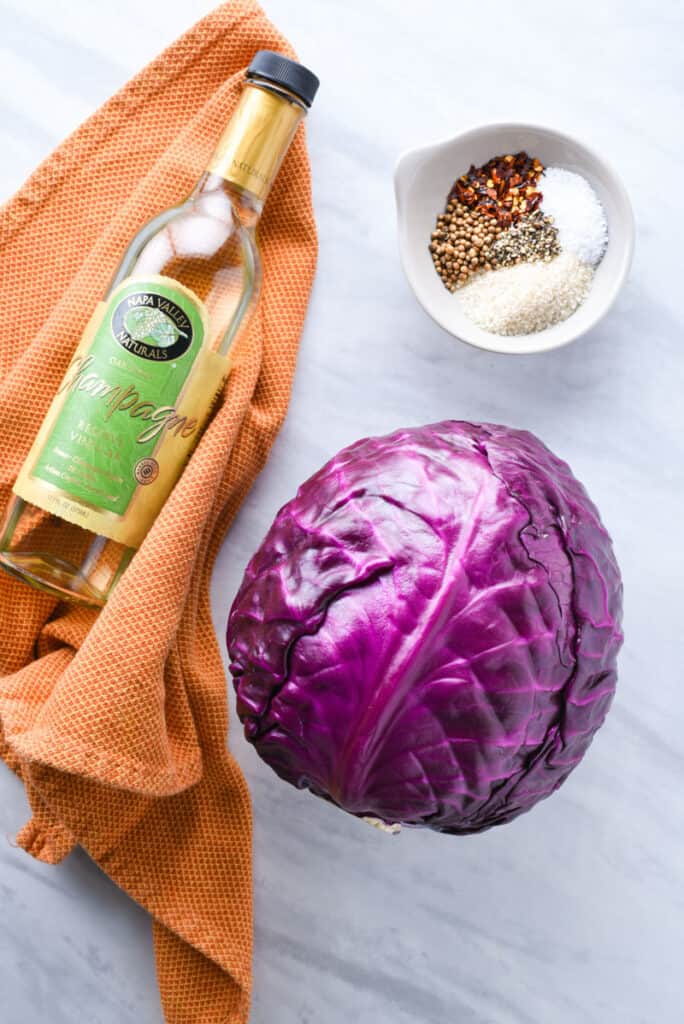 A head of purple cabbage, bottle of vinegar, and blend of spices on the counter.