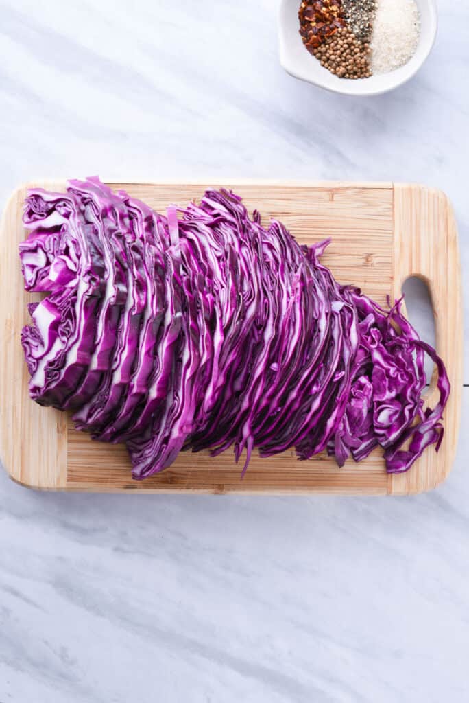 Shredded cabbage on a cutting board