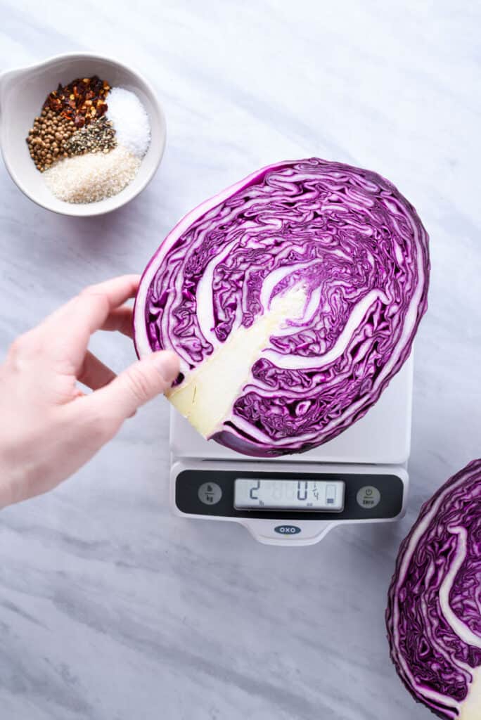 A head of cabbage on a kitchen scale.