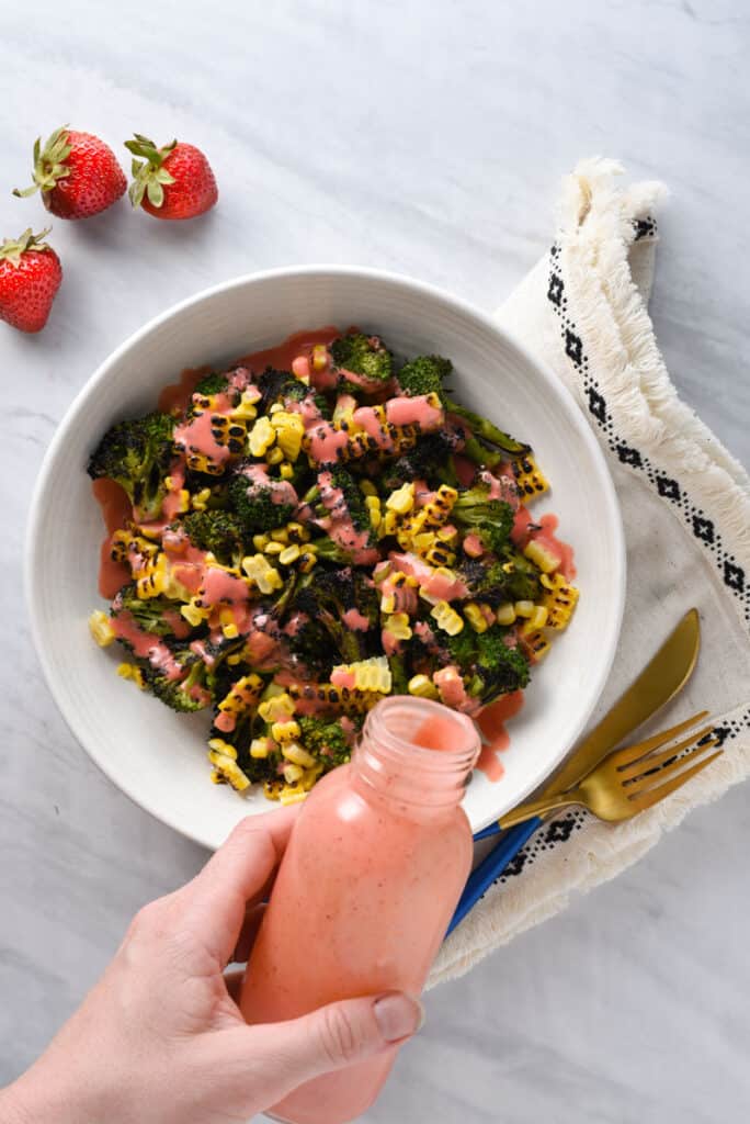 Strawberry salad dressing on a grilled vegetable salad.