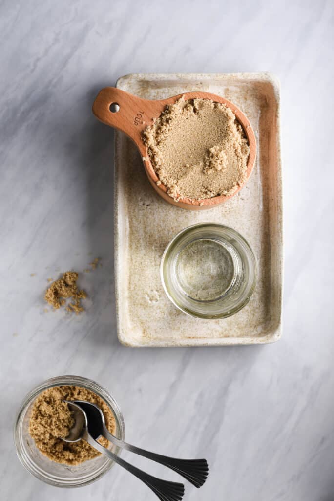 Ingredients for brown sugar syrup on a tray.