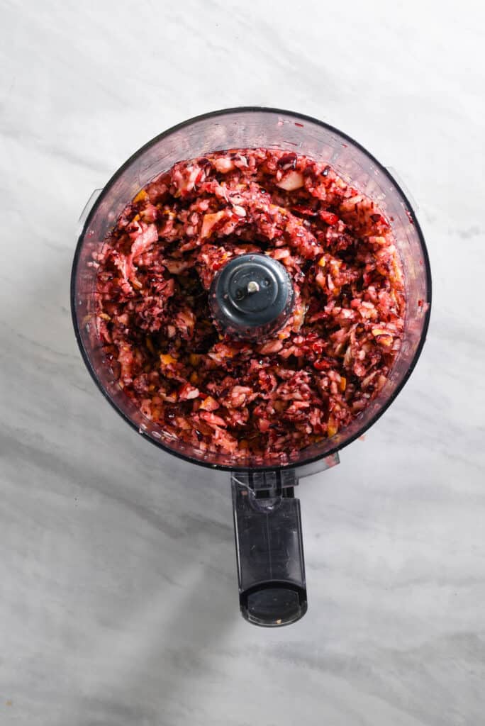 a freshly made batch of cranberry relish after blending in the food processor