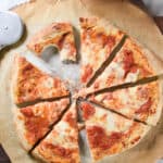 An overhead shot of a neapolitan pizza with san marzano pizza sauce