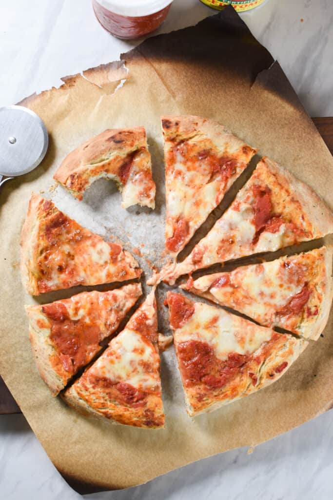 An overhead shot of a neapolitan pizza with san marzano pizza sauce