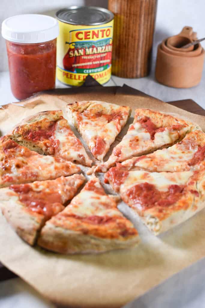 A freshly baked pizza using san marzano pizza sauce