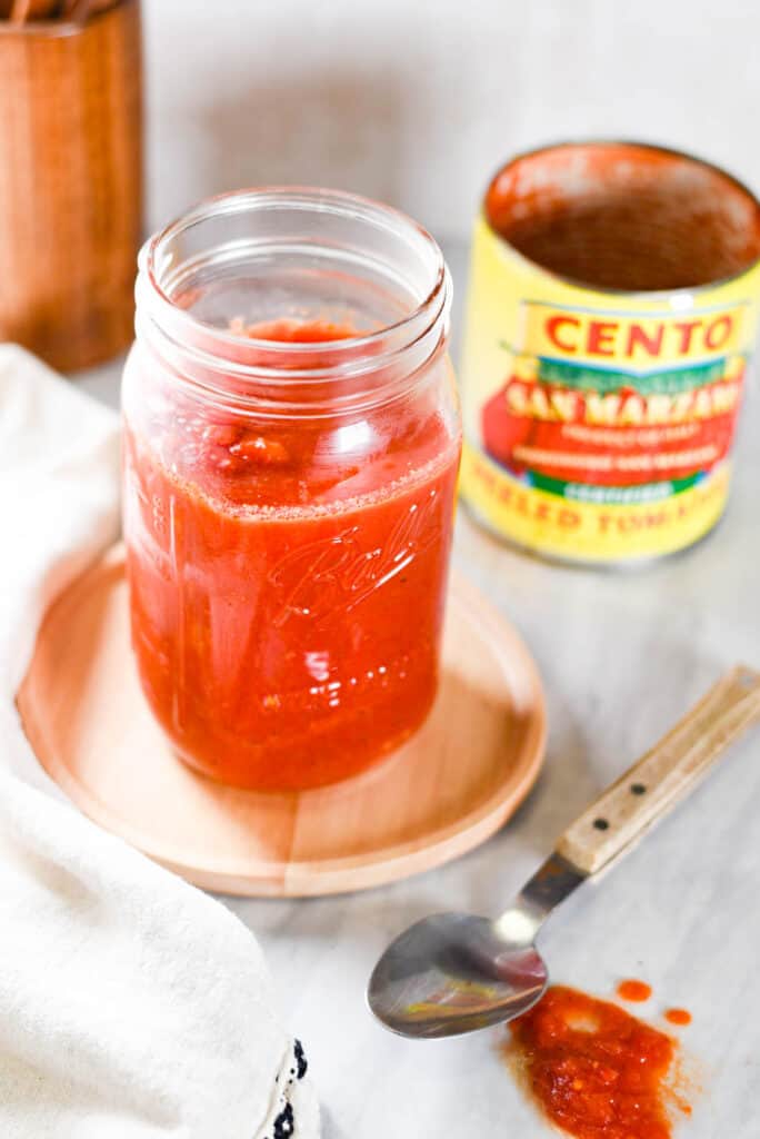 A jar of homemade san marzano tomato sauce.